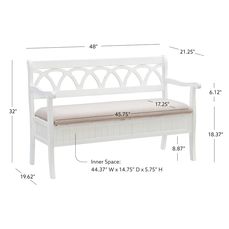 Linon Elliana Storage Bench Beige Padded Seat Cutout Back Design in White Wood