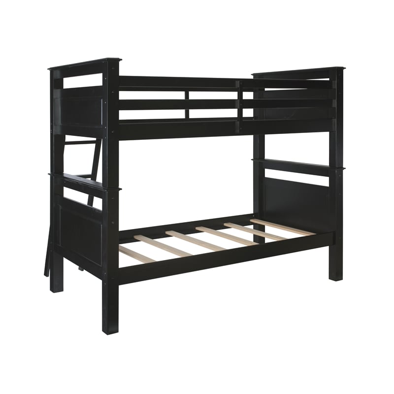 Linon Beckett Twin over Twin Pine Wood Bunk Bed Heavy Duty Wood Slats in Black