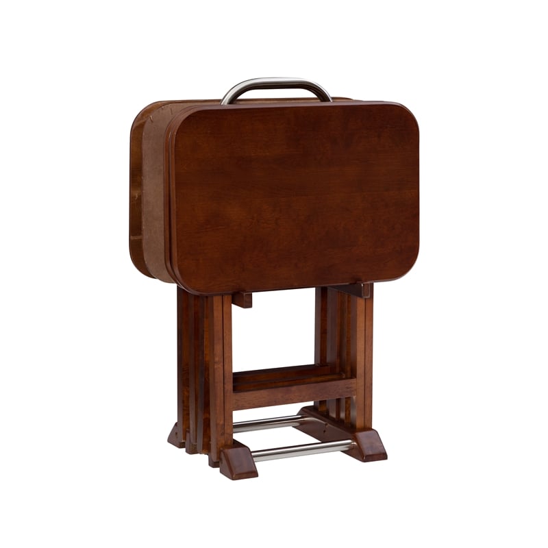 Linon Burke Wood 5 Piece Oversized Tray Table Set Chrome Handle in Dark Cherry