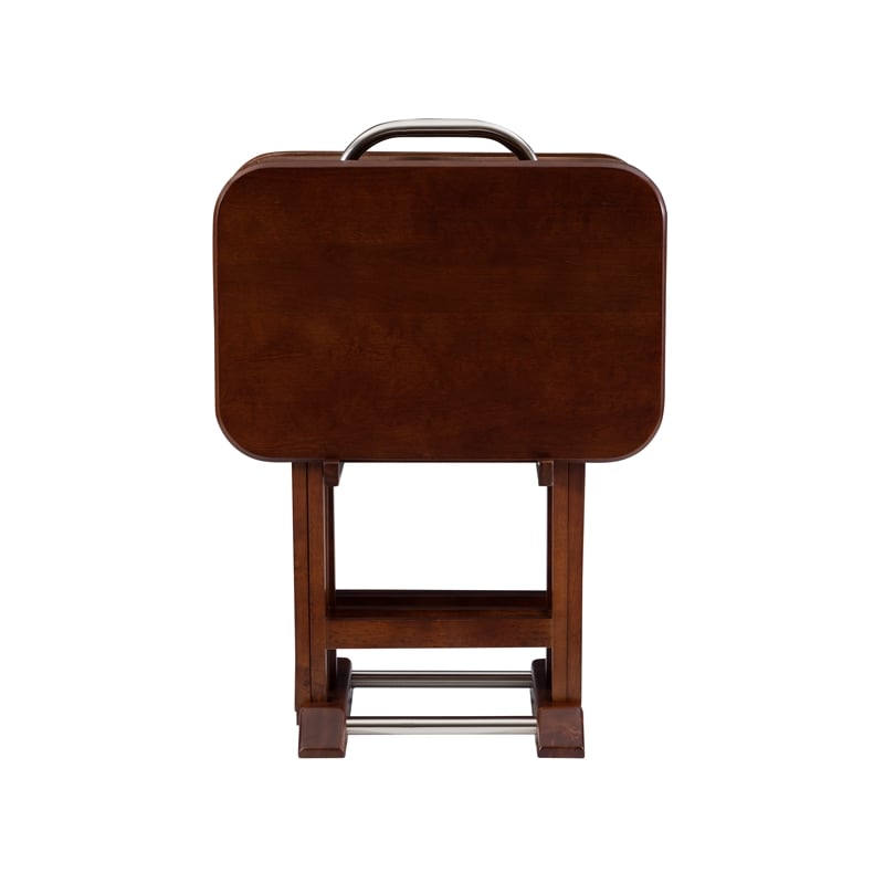 Linon Burke Wood 5 Piece Oversized Tray Table Set Chrome Handle in Dark Cherry
