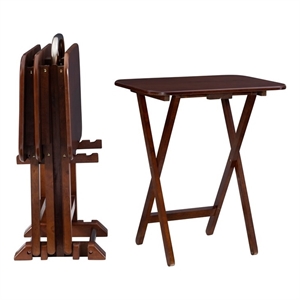 Linon Burke Wood 5 Piece Oversized Tray Table Set Chrome Handle in Dark Cherry