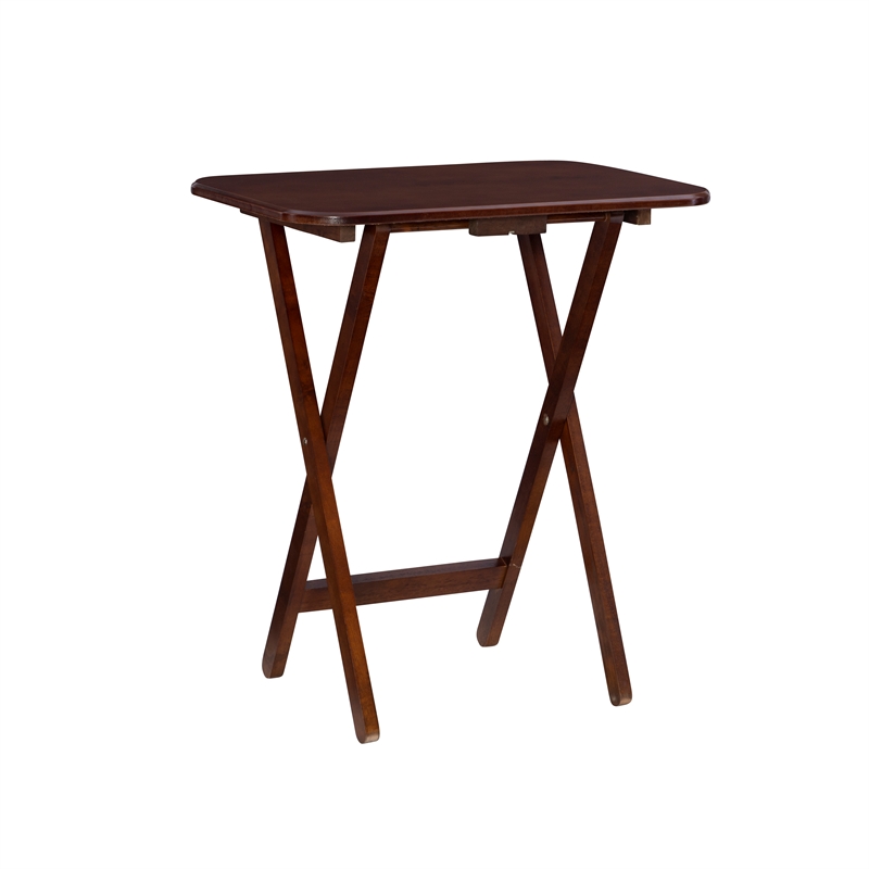 Linon Burke Wood 5 Piece Oversized Tray Table Set Chrome Handle in Dark Cherry