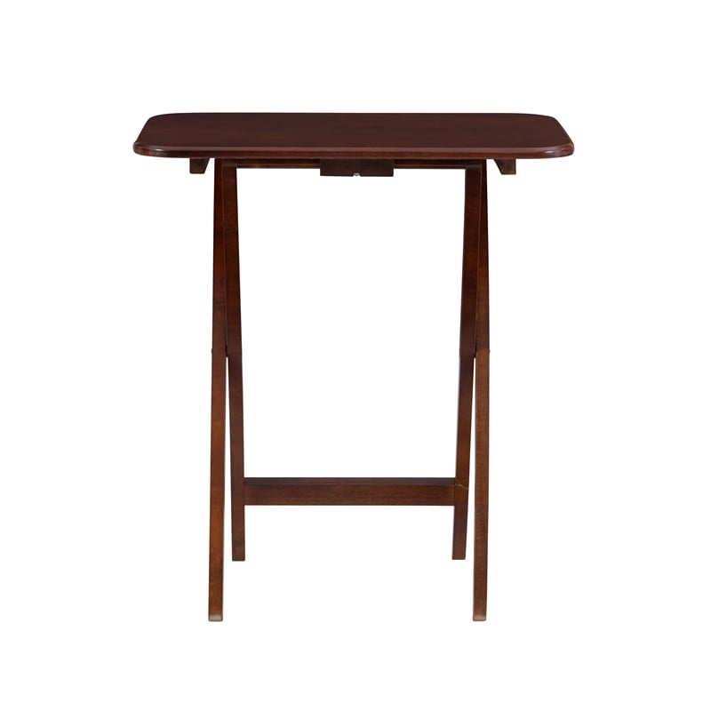 Linon Burke Wood 5 Piece Oversized Tray Table Set Chrome Handle in Dark Cherry