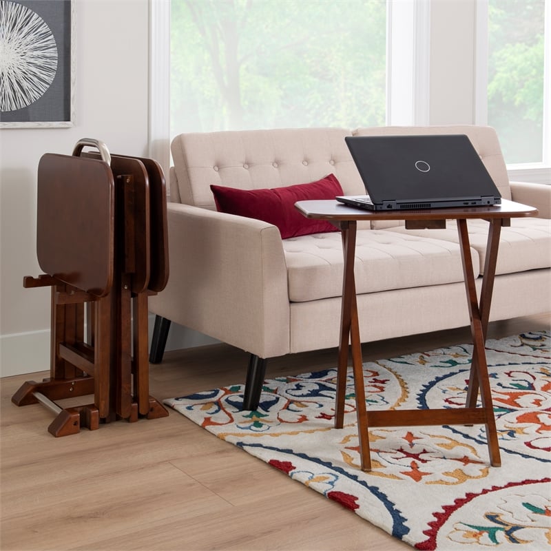 Linon Burke Wood Five Piece Tray Table Set in Dark Cherry