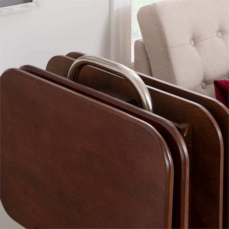 Linon Burke Wood 5 Piece Oversized Tray Table Set Chrome Handle in Dark Cherry