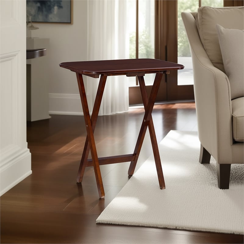 Linon Burke Wood 5 Piece Oversized Tray Table Set Chrome Handle in Dark Cherry