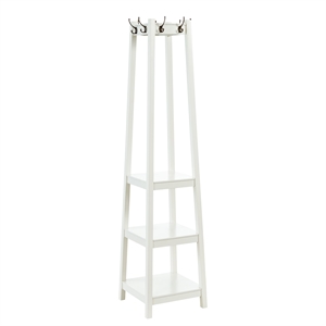 Linon Helena Wood Tapered Square Coat Rack with 3 Shelves and 8 Hooks in White