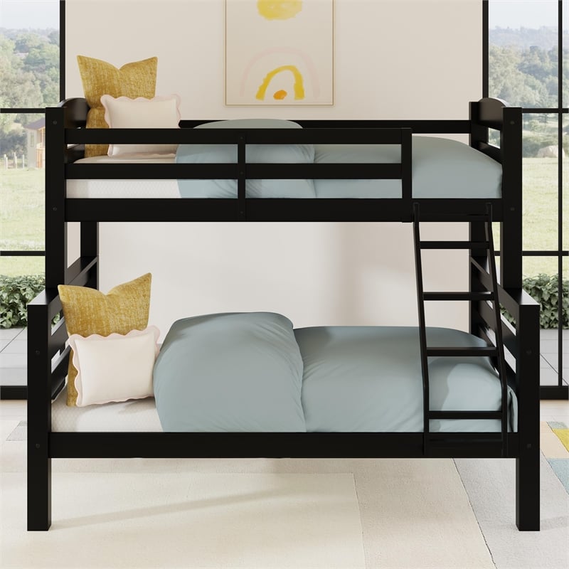 Linon Levi Twin over Full Wood Bunk Bed with Built in Ladder in Black