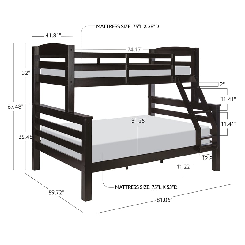 Linon Levi Twin over Full Wood Bunk Bed with Built in Ladder in Black