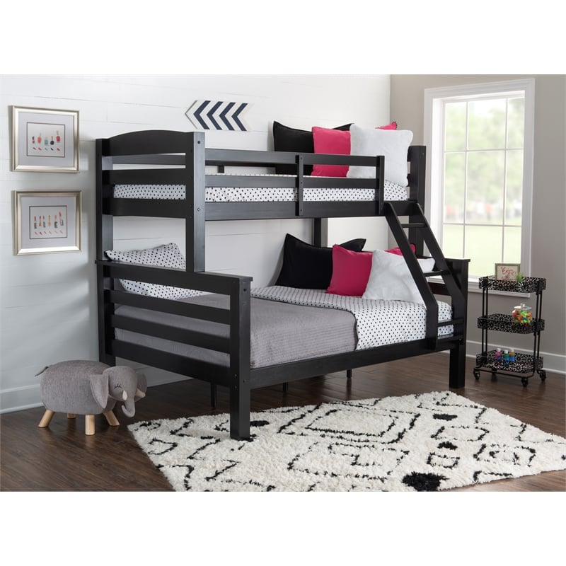 Linon Levi Twin over Full Wood Bunk Bed with Built in Ladder in Black