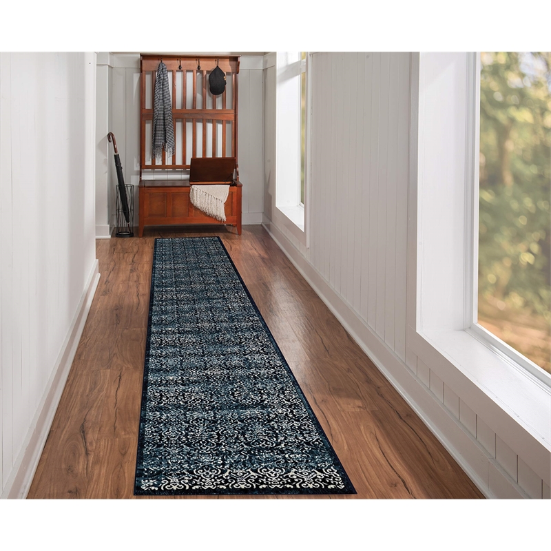 Linon Vintage Ilussion Power Loomed Microfiber Polyester 2'x10' Rug in Navy