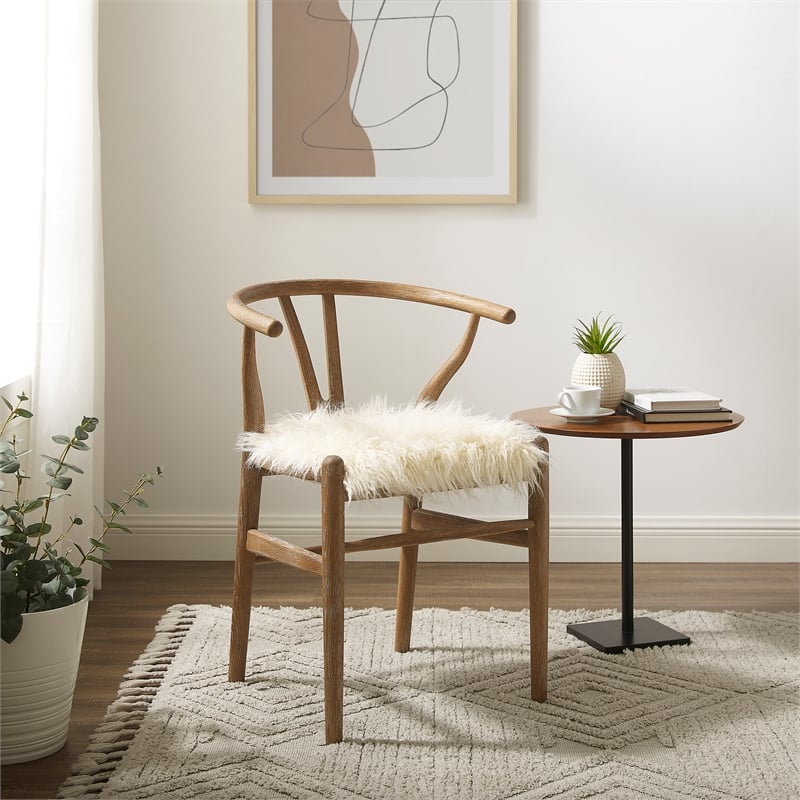 Linon Layla Wishbone Chair with Cream Faux Fur Seat in Brown Gray Washed Wood BushFurnitureCollection