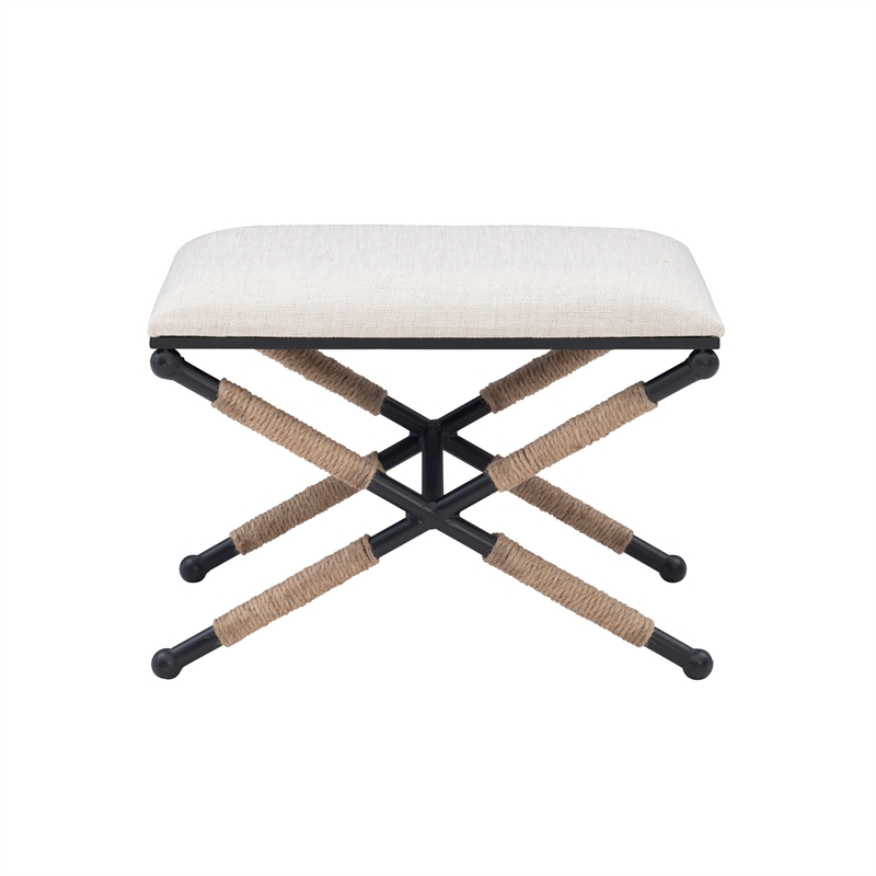 Linon Anna Campaign Accent Stool Black Metal Legs with Rope Detail in Cream