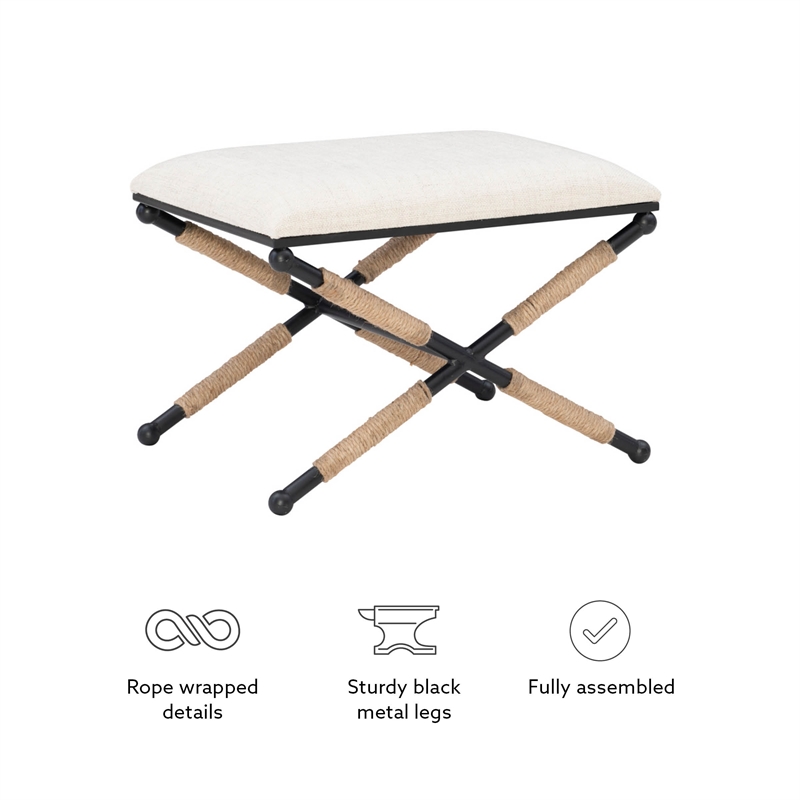 Linon Anna Campaign Accent Stool Black Metal Legs with Rope Detail in Cream