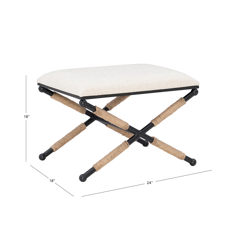 Linon Anna Campaign Accent Stool Black Metal Legs with Rope Detail in Cream