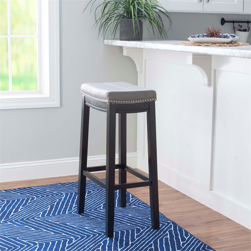 Linon Claridge Backless Bar Stool Gray Faux Leather Wood Frame in Black Finish