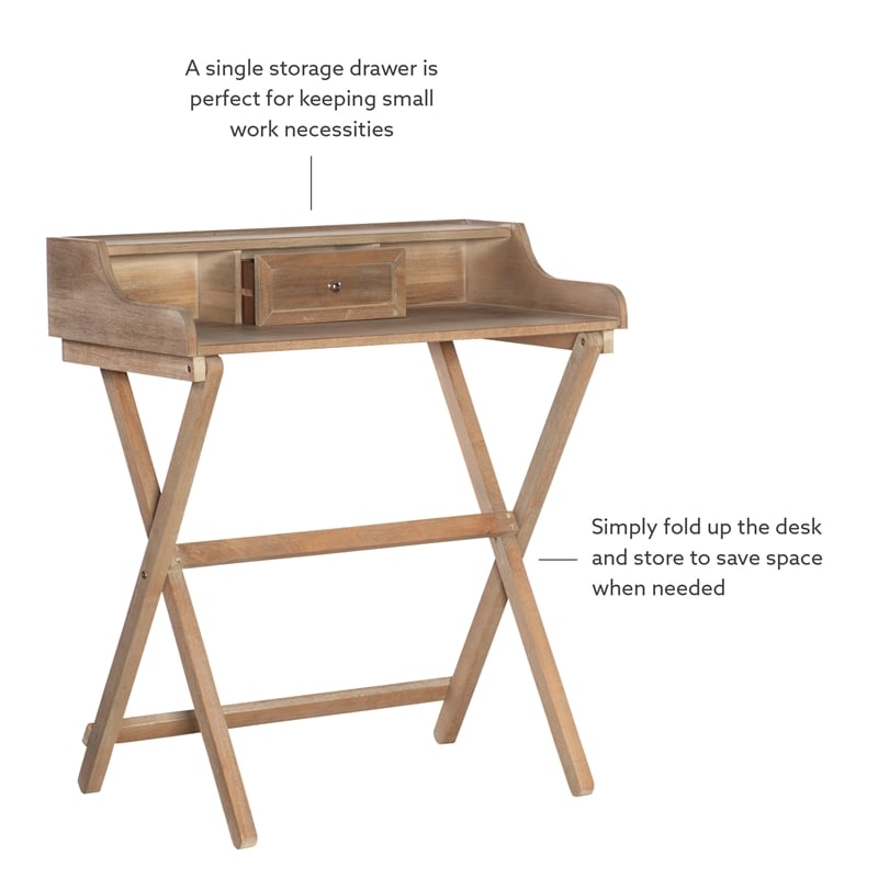 Linon Cade Folding Desk with Small Drawer in Rustic Brown Finished Wood