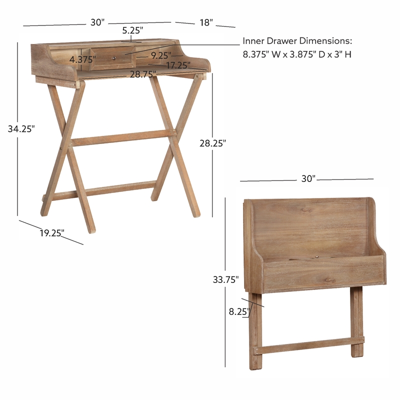 Linon Cade Folding Desk with Small Drawer in Rustic Brown Finished Wood
