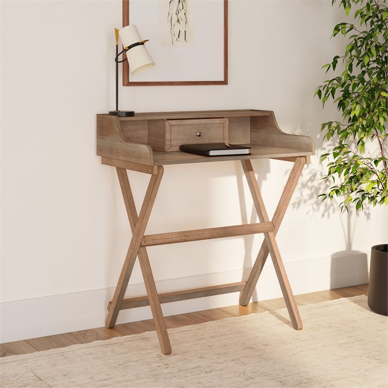 Linon Cade Folding Desk with Small Drawer in Rustic Brown Finished Wood