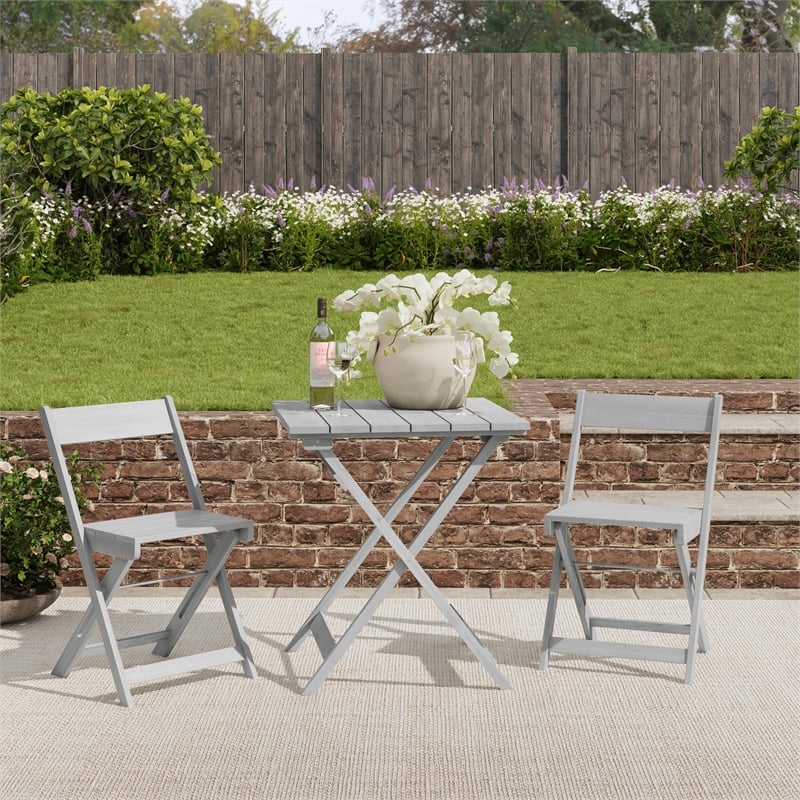 Linon Rey 3 Piece Acacia Wood Foldable Square Indoor Outdoor Bistro Set in Gray