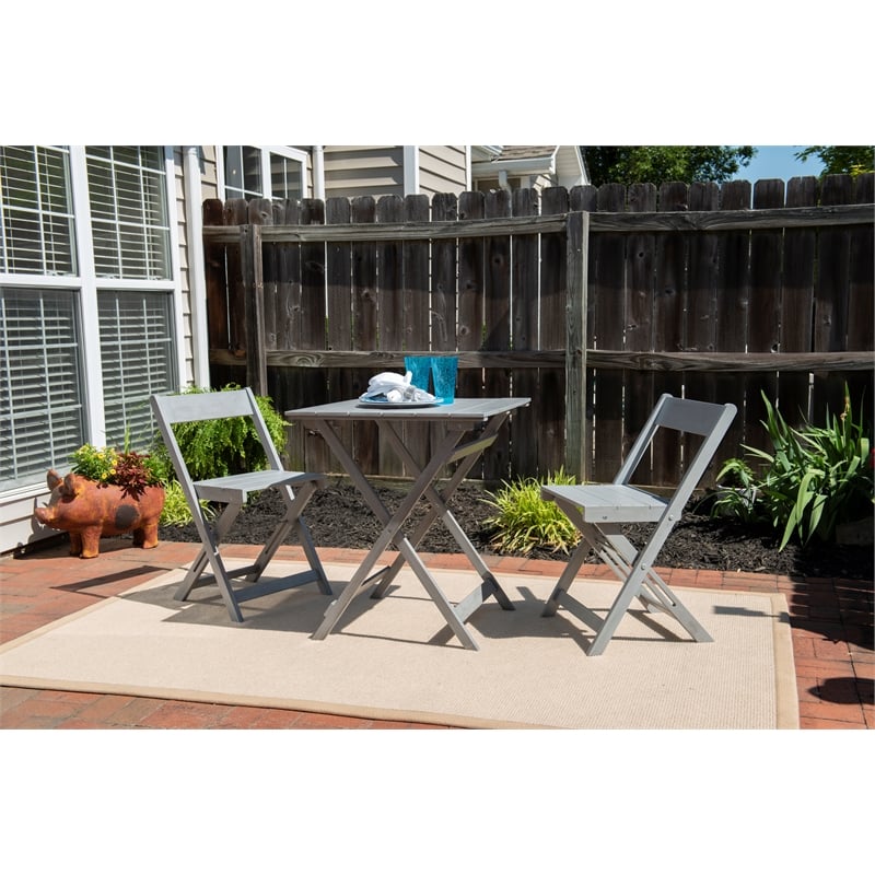 Linon Rey 3 Piece Acacia Wood Foldable Square Indoor Outdoor Bistro Set in Gray