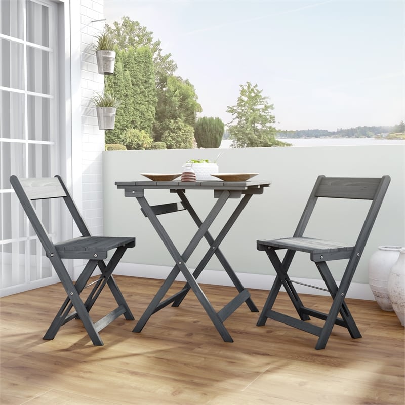 Linon Rey 3 Piece Acacia Wood Foldable Square Indoor Outdoor Bistro Set in Gray