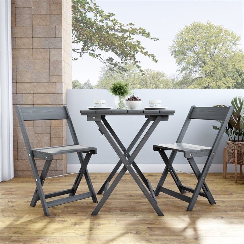 Linon Rey 3 Piece Acacia Wood Foldable Square Indoor Outdoor Bistro Set in Gray