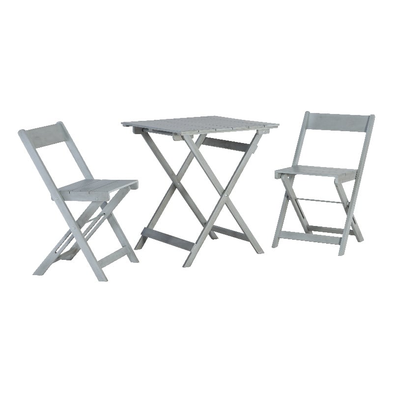 Linon Rey 3 Piece Acacia Wood Foldable Square Indoor Outdoor Bistro Set in Gray