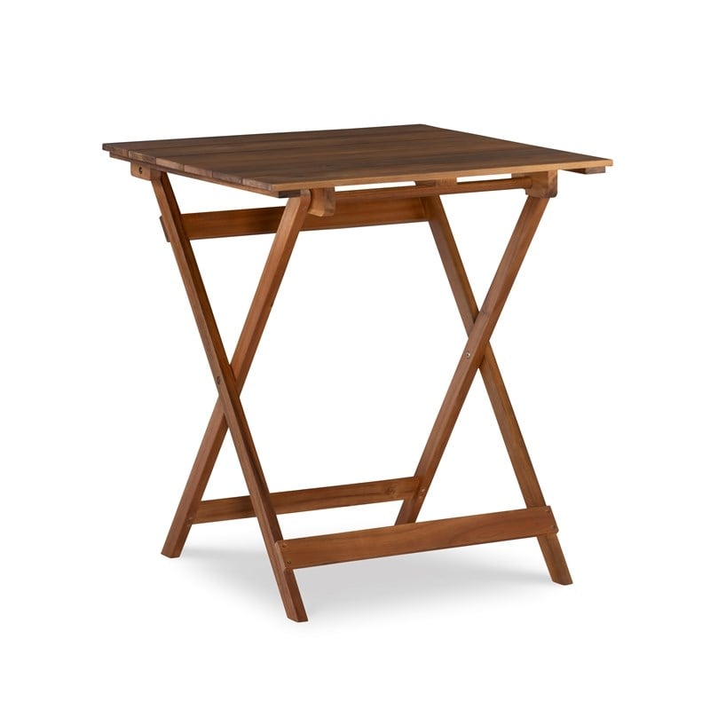 Linon Rey 3 Piece Acacia Wood Foldable Square Indoor Outdoor Bistro Set in Brown