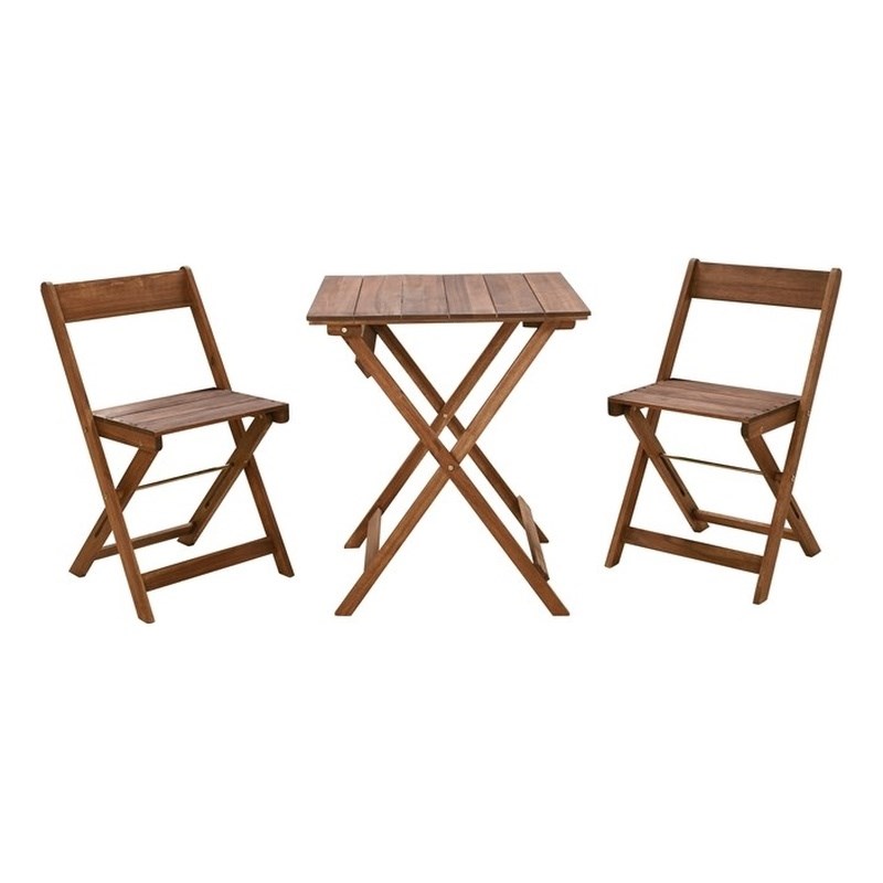 Linon Rey 3 Piece Acacia Wood Foldable Square Indoor Outdoor Bistro Set in Brown