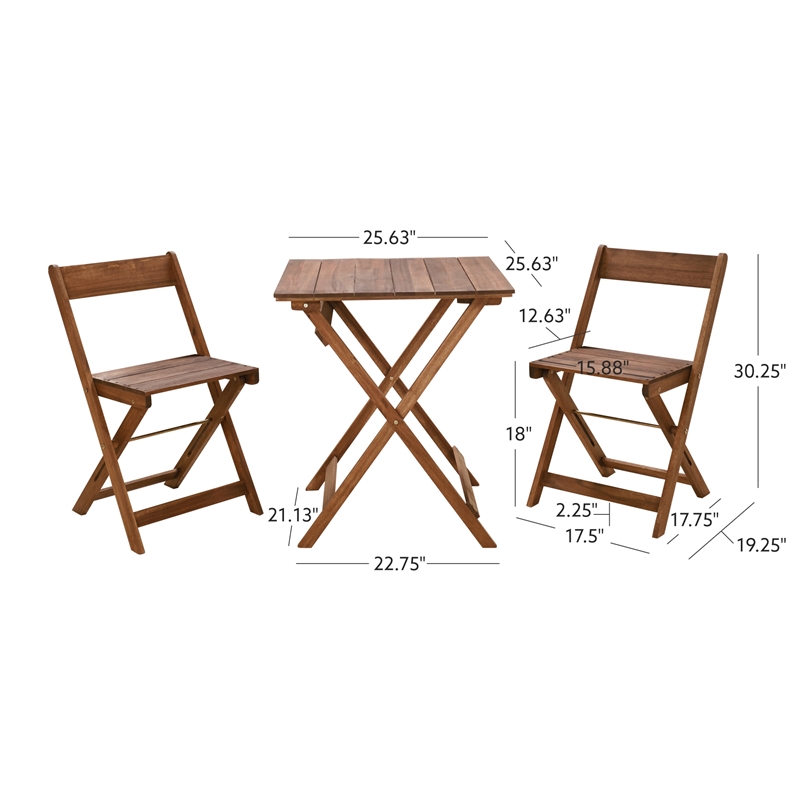 Linon Rey 3 Piece Acacia Wood Foldable Square Indoor Outdoor Bistro Set in Brown