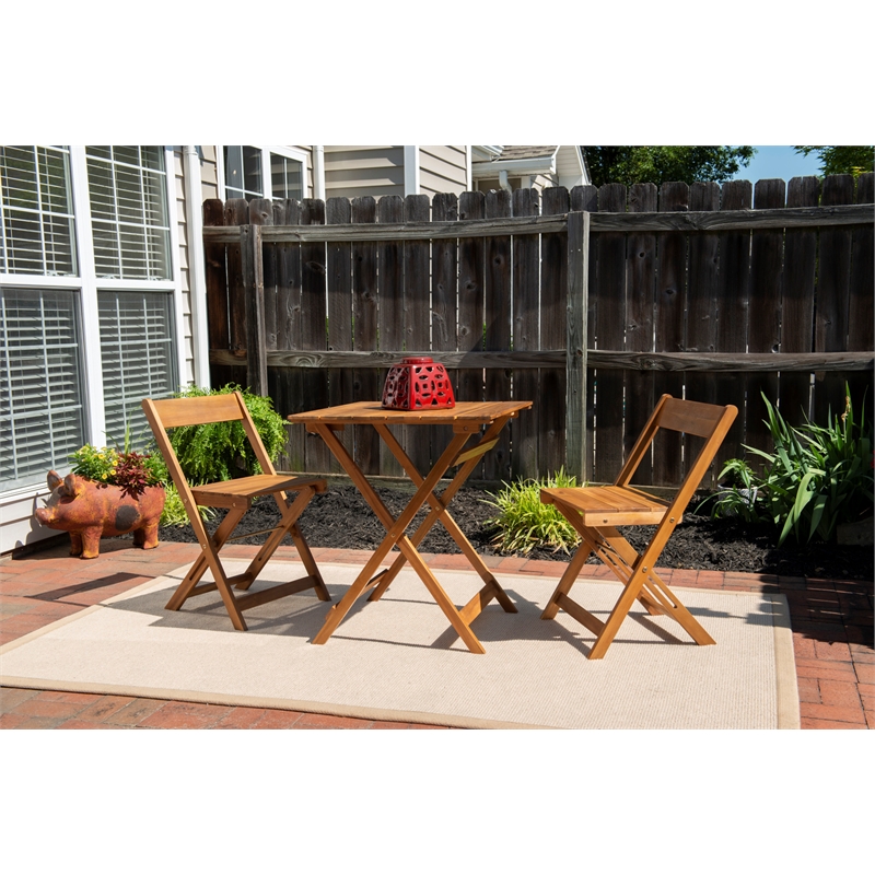 Linon Rey 3 Piece Acacia Wood Foldable Square Indoor Outdoor Bistro Set in Brown
