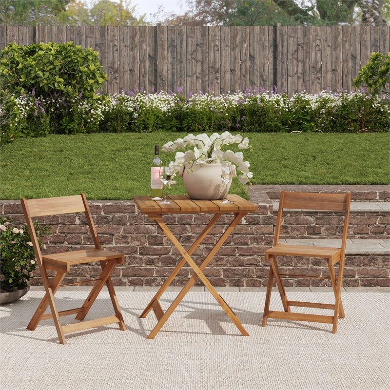 Linon Rey 3 Piece Acacia Wood Foldable Square Indoor Outdoor Bistro Set in Brown