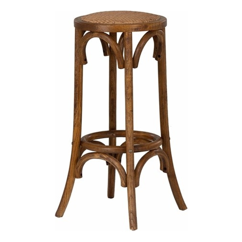 Linon Rae Round Backless Bar Stool Woven Seat in Walnut Brown Finished Wood