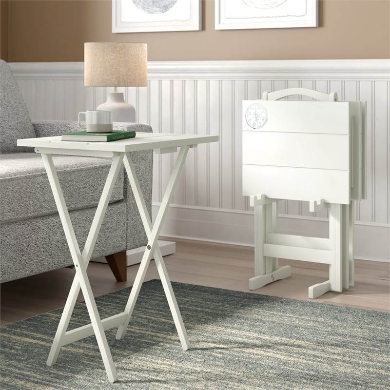Linon Lorie 5 Piece Tray Table Set Planked Top with Compass Design in Gray Wood