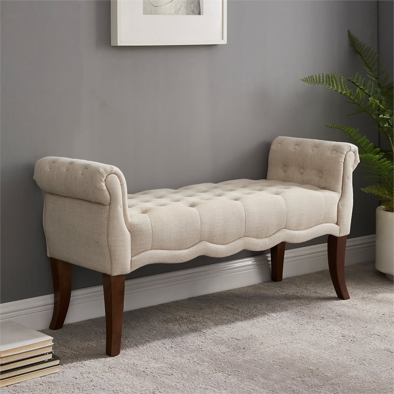 Linon Laurel Wood Upholstered Roll Arm, Upholstered Bench With Rolled Arms