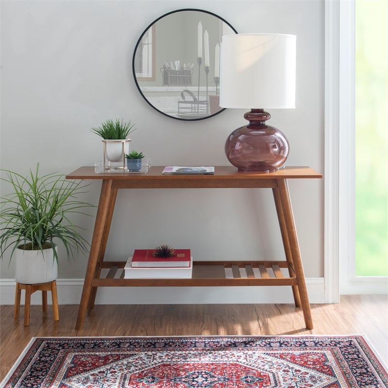 Linon Samantha Console Table Slatted Bottom Shelf in Walnut Stained Wood