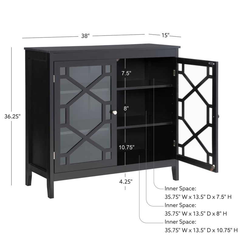 Linon Betty Large Wood Cabinet with 2 Glass Paneled Doors and 3 Shelves in Black