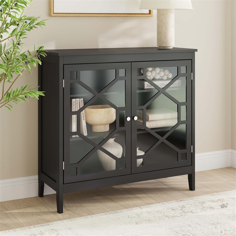 Linon Betty Large Wood Cabinet with 2 Glass Paneled Doors and 3 Shelves in Black