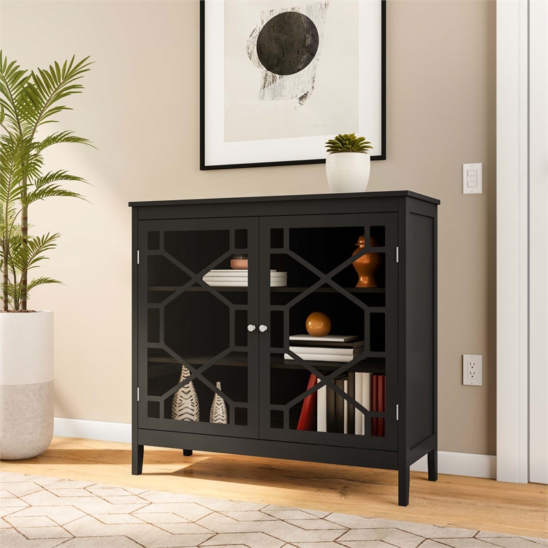 Linon Betty Large Wood Cabinet with 2 Glass Paneled Doors and 3 Shelves in Black