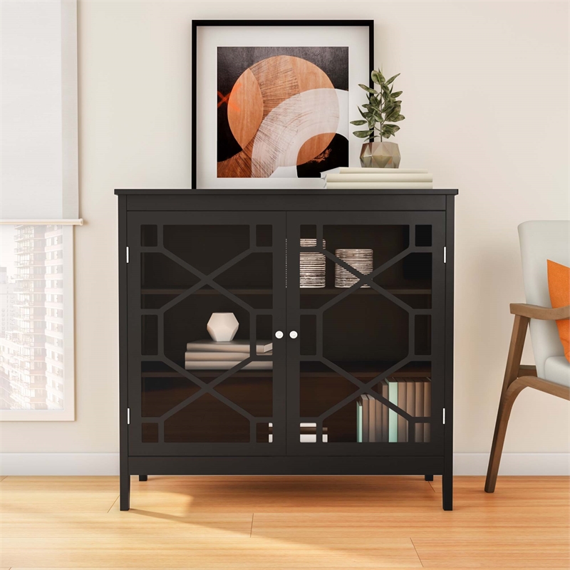 Linon Betty Large Wood Cabinet with 2 Glass Paneled Doors and 3 Shelves in Black