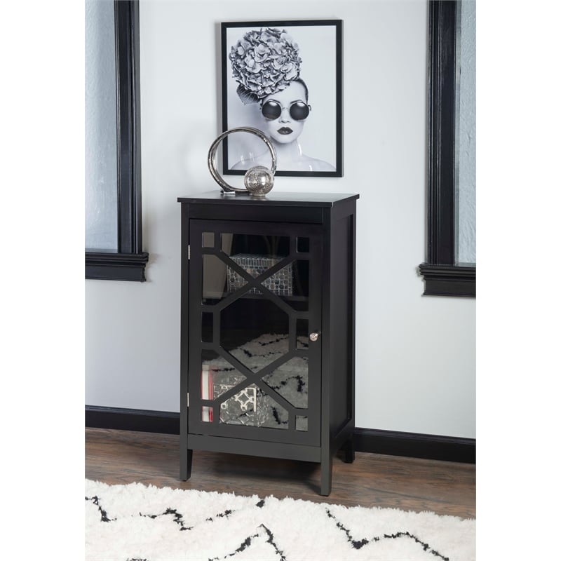 Linon Betty Small Wood Cabinet with a Glass Paneled Door and 3 Shelves in Black