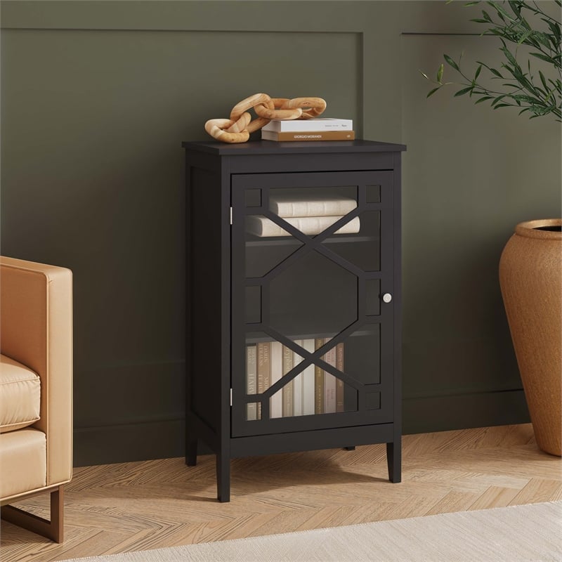 Linon Betty Small Wood Cabinet with a Glass Paneled Door and 3 Shelves in Black