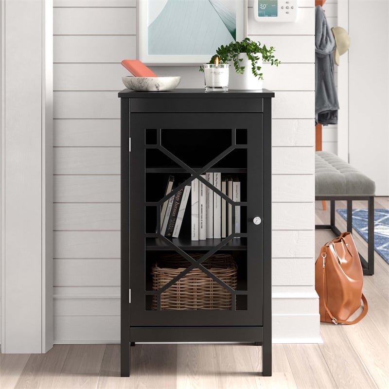 Linon Betty Small Wood Cabinet with a Glass Paneled Door and 3 Shelves in Black