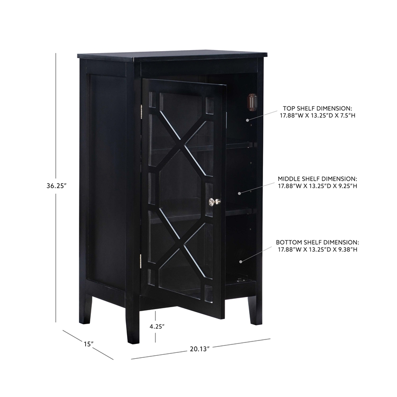 Linon Betty Small Wood Cabinet with a Glass Paneled Door and 3 Shelves in Black