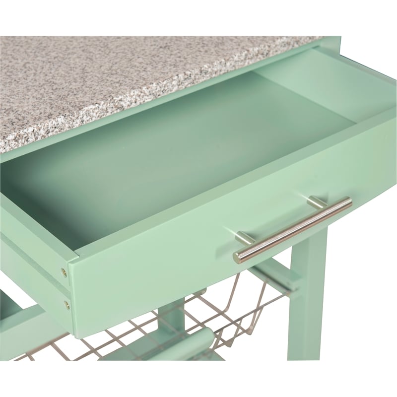 Linon Natalie Granite Top Rolling Kitchen Storage Island in Green Wood