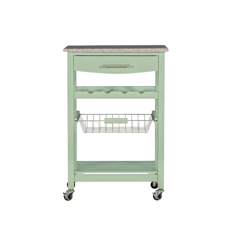 Linon Natalie Granite Top Rolling Kitchen Storage Island in Green Wood