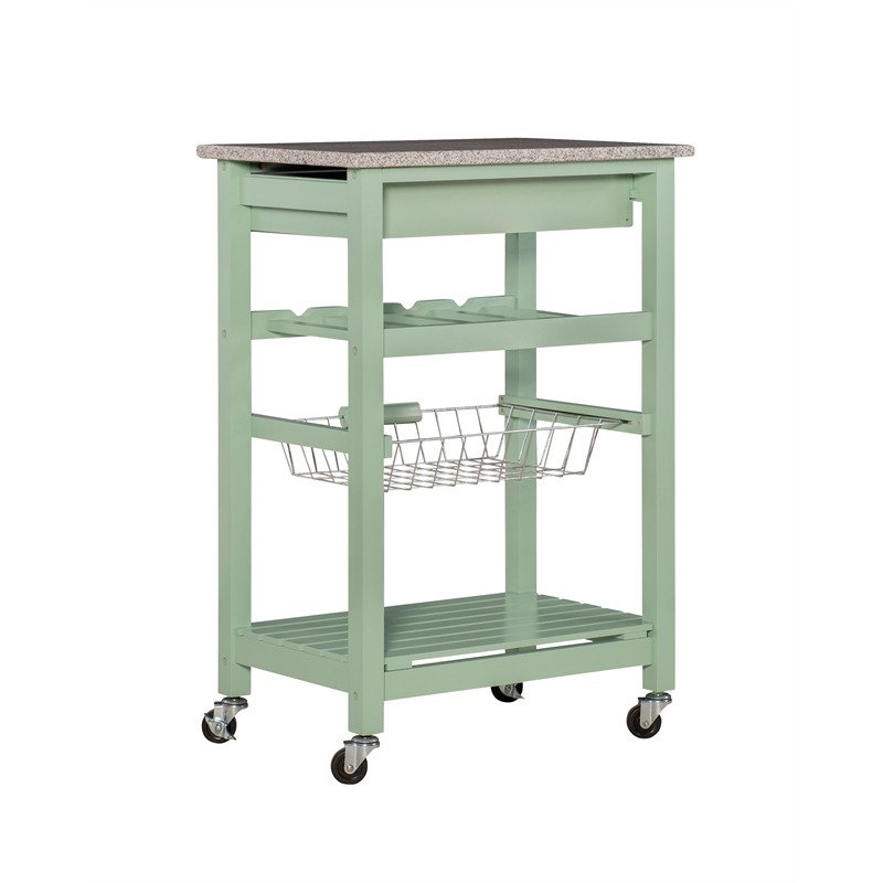 Linon Natalie Granite Top Rolling Kitchen Storage Island in Green Wood