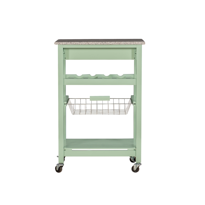 Linon Natalie Granite Top Rolling Kitchen Storage Island in Green Wood