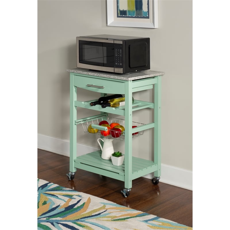 Linon Natalie Granite Top Rolling Kitchen Storage Island in Green Wood